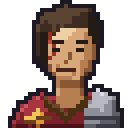 A scarred adventurer in a red cloak