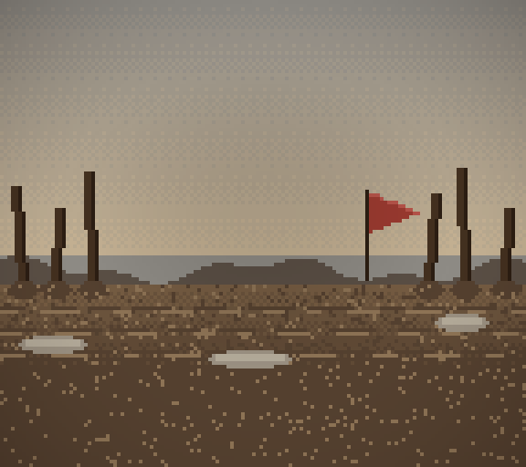 A churned battle camp under overcast light