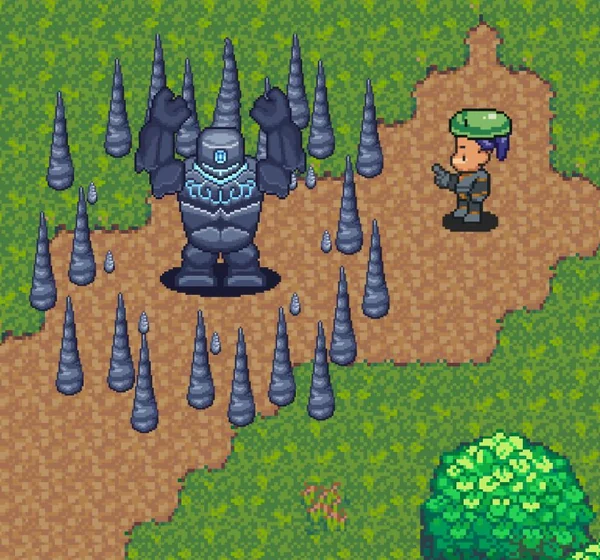 A player squaring up to a spiked stone golem in the forest