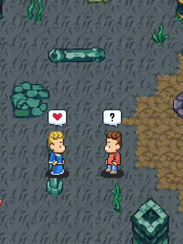 Two players face to face on Coral Plaza, one with a heart emote and one with a question mark