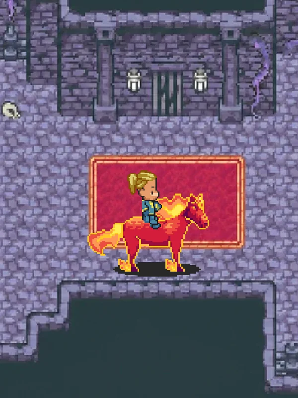 Close-up of a player riding the Fire Horse through the deep floors of the Cave of Depths