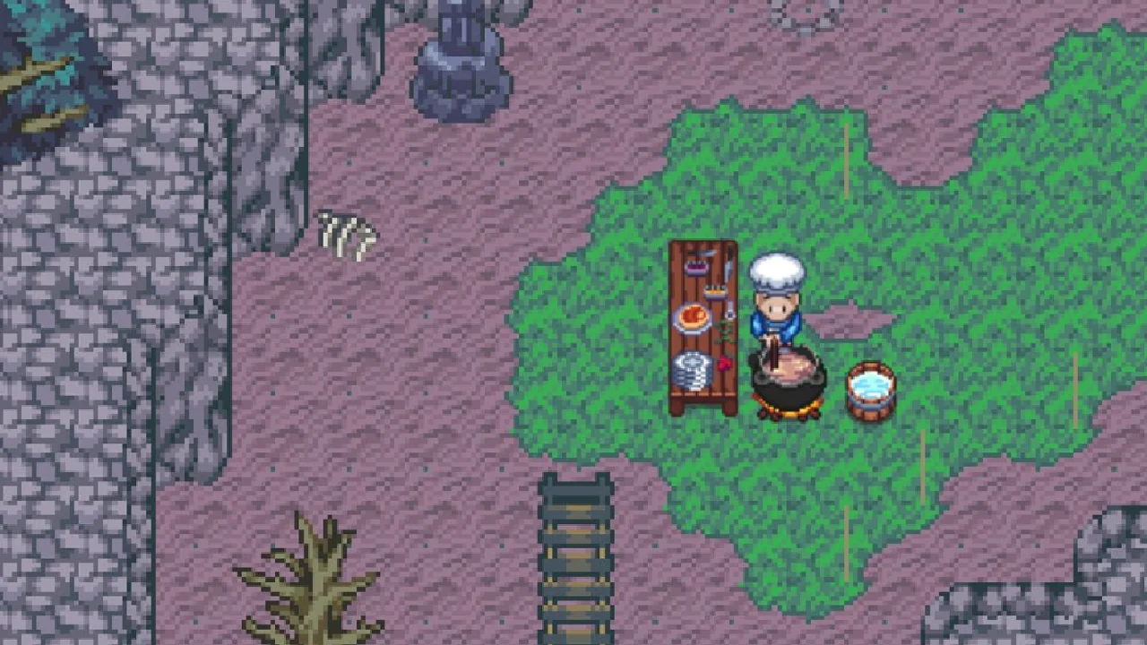 A chef at a cauldron and prep table deep in the caves