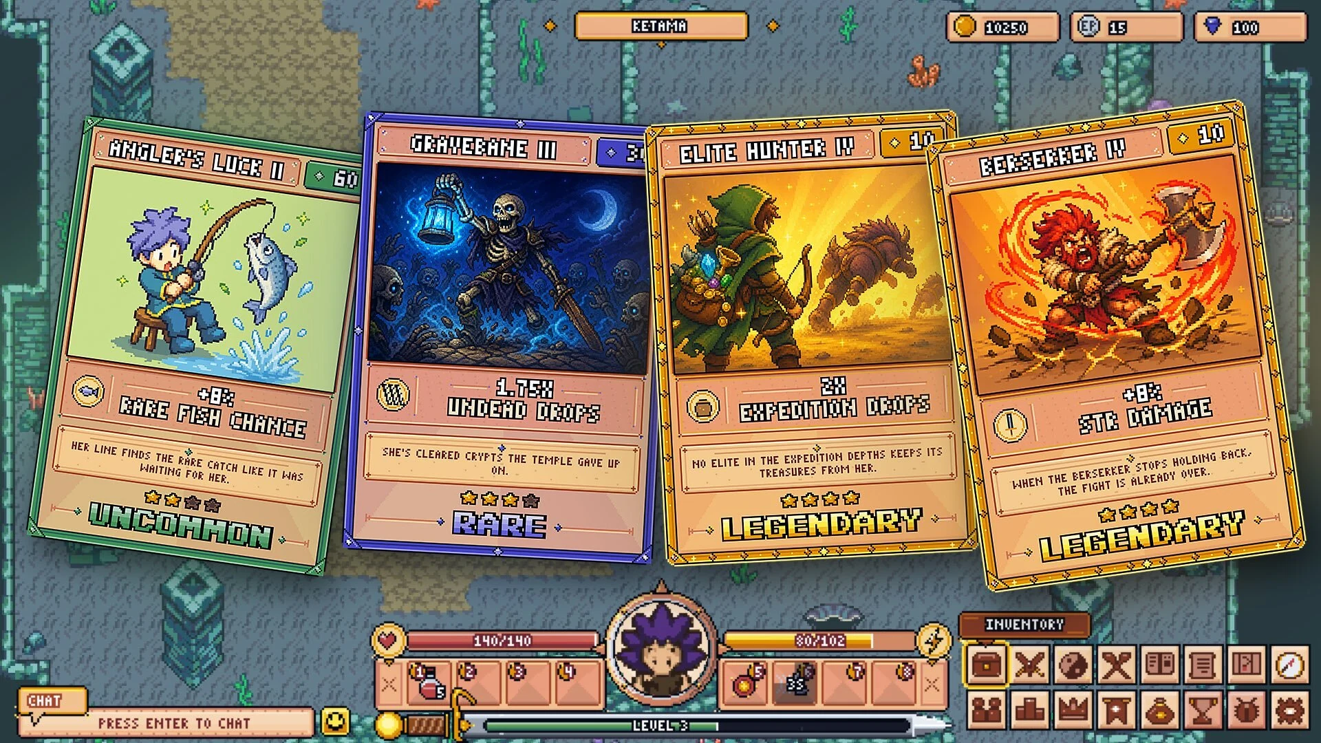 Four Estova cards fanned out in the game, an Uncommon, a Rare and two Legendaries, over the player HUD