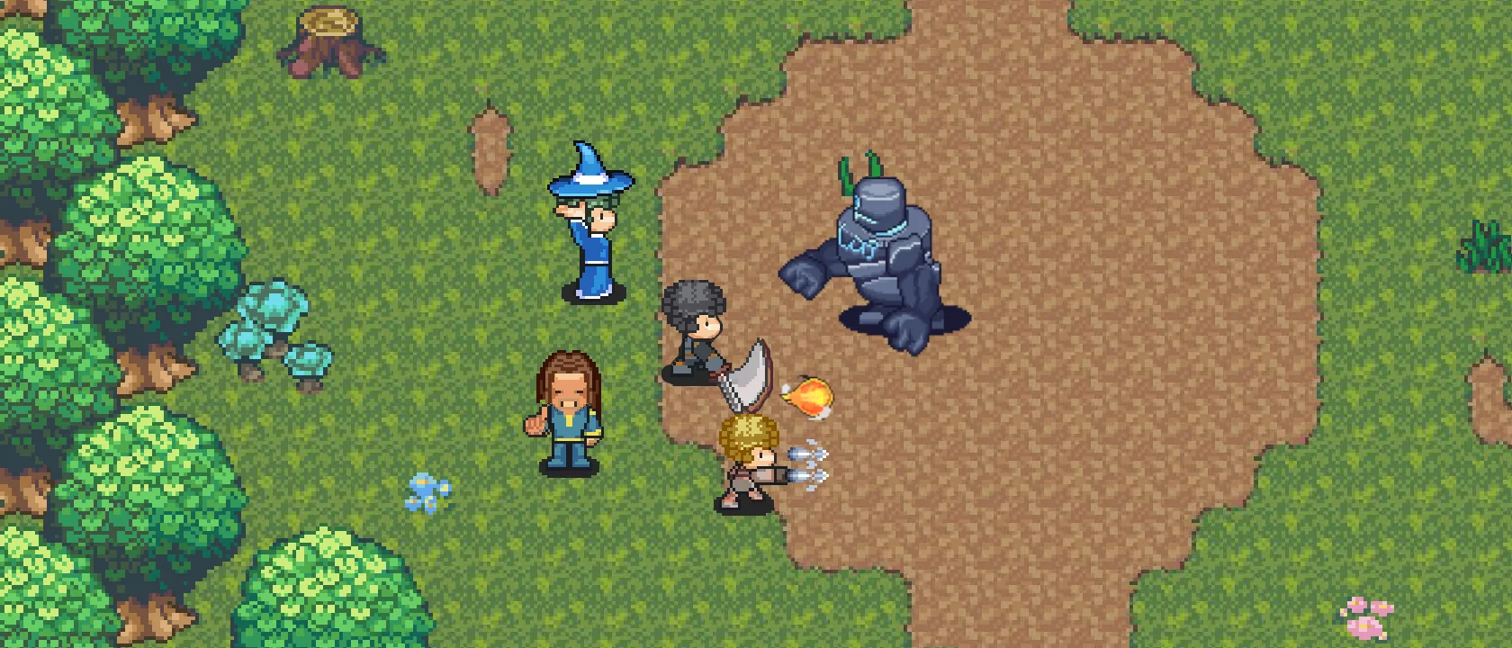 A party of four mid-fight against the towering Golem Elite in Whispering Hollow, a fireball closing on it