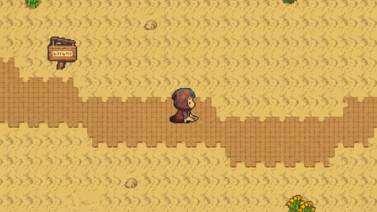 A player kneeling in prayer on a desert path