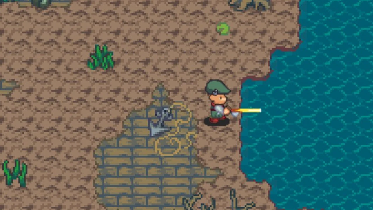 A player casting a golden line off the ruined shore