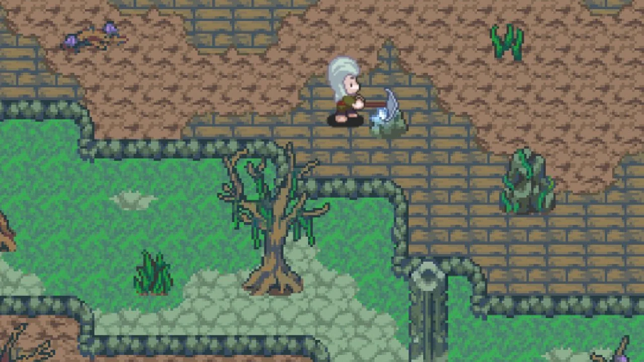 A player striking a glowing ore vein with a pickaxe