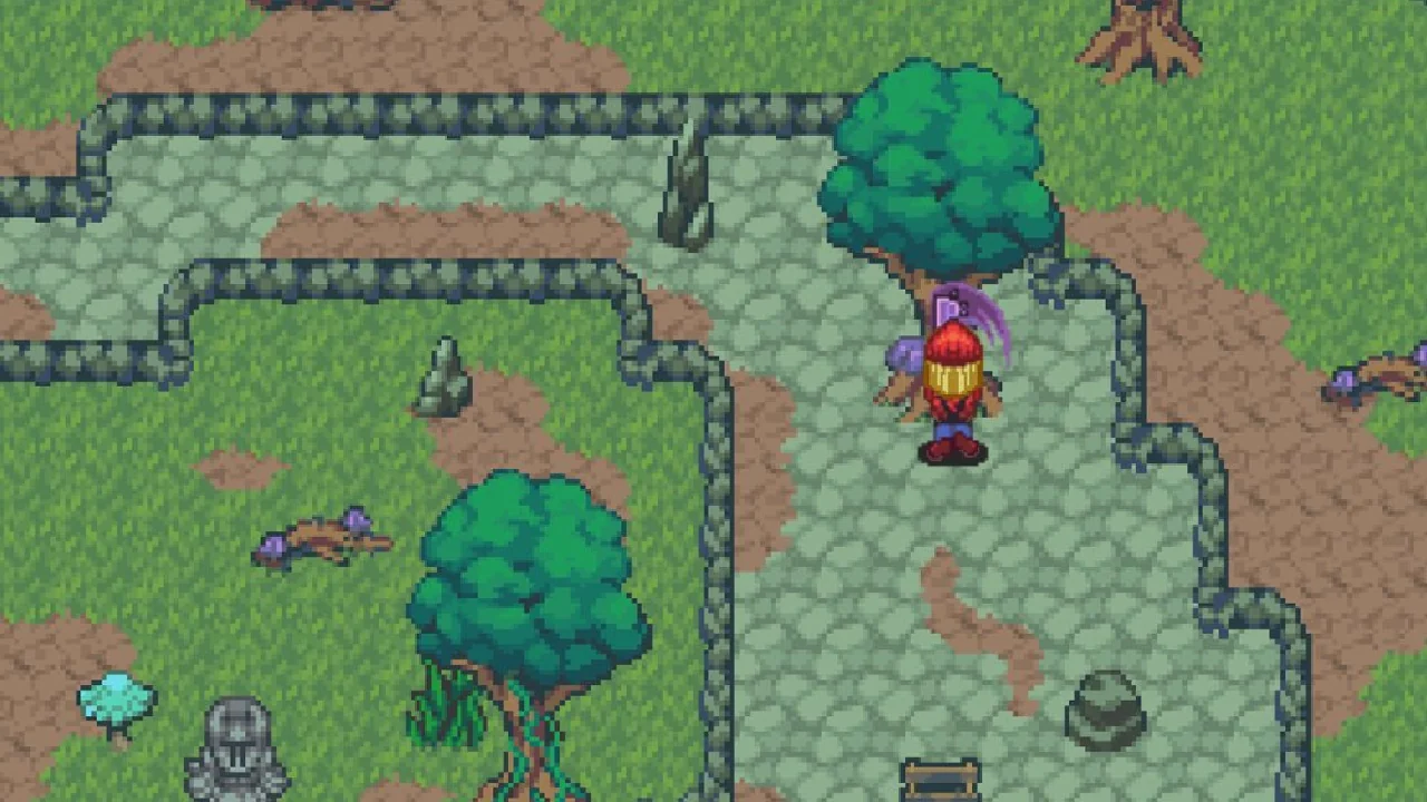 A player swinging an axe into a tree on the forest flats